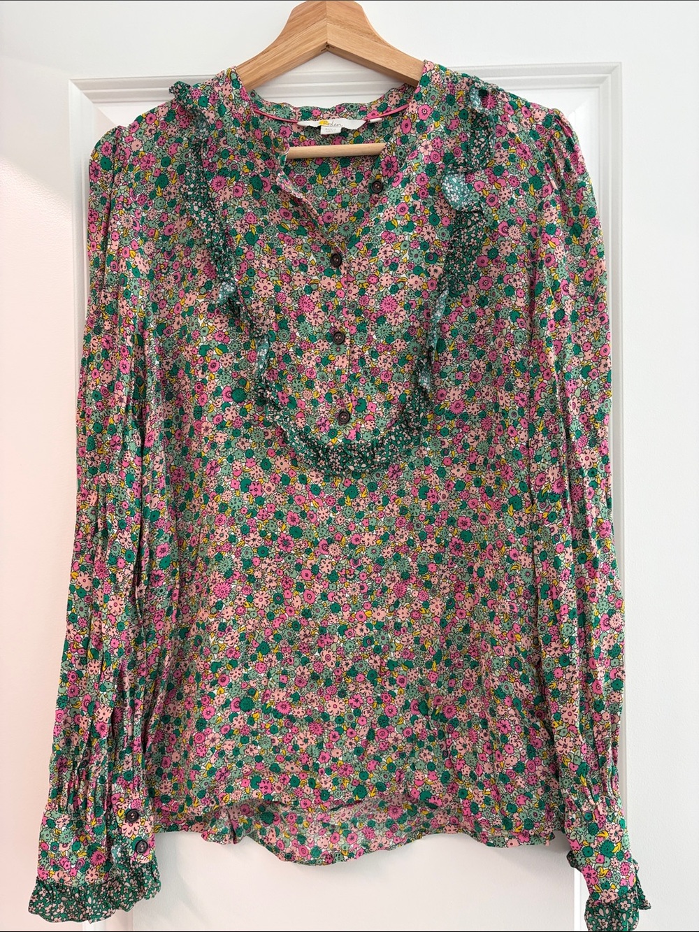 Boden Floral Ruffle Long-Sleeve Blouse - Pink & Green